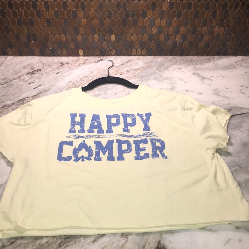 Yellow crop top with blue label (happy camper)